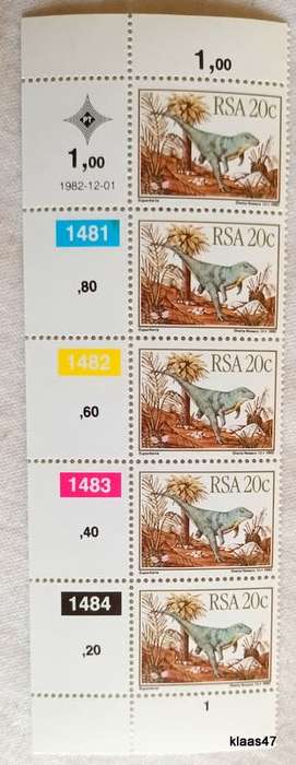 RSA - 1982 - Prehistoric Animals - Set of 4 Control Strips of 5 each (Mint)