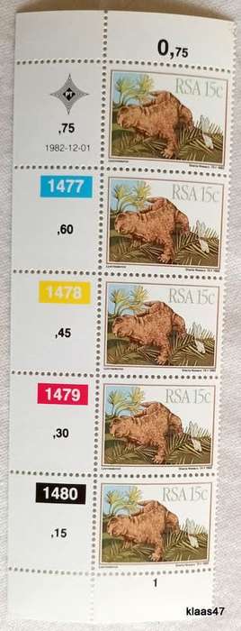 RSA - 1982 - Prehistoric Animals - Set of 4 Control Strips of 5 each (Mint)