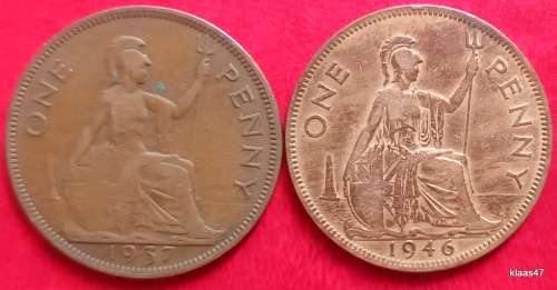 GB - George VI - One Penny - 1937 and 1946 (2 coins) (with `IND:IMP`) - Bronze