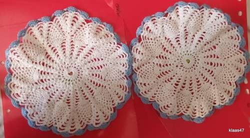 Two Hand Crochet Doilies in White cotton with Blue Edge