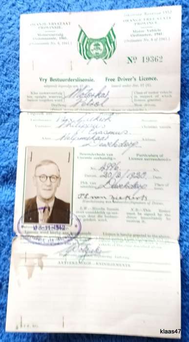 Oranje-Vrystaat Provinsie Orange Free State Province - 1942 - Driver`s Licence No. 19362