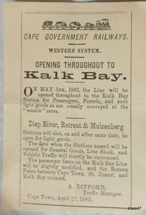 Kalk Bay Railway Centenary 1983 Celebration with Copy of 1883 Cape Government Railways Notice