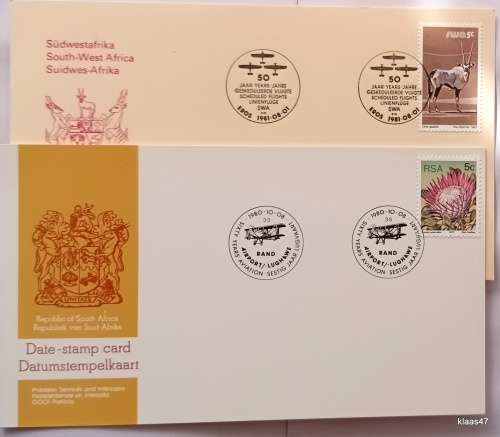 Date Stamp Cards - RSA 1980 50 Years Aviation and SWA 1981 50 Years Scheduled Flights