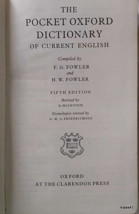 The Pocket Oxford Dictionary (Fifth Edition) - F G and H W Fowler - Hardcover 1977