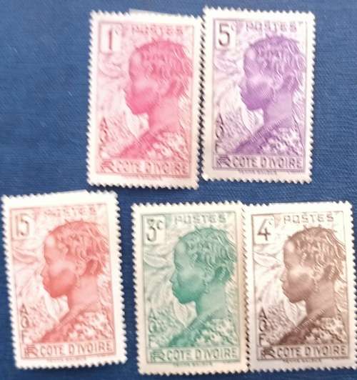 French West Africa - Ivory Coast - 1936 - Definitive: Baoulé Woman - 5 Unused Hinged stamps