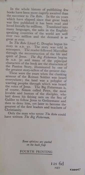 The Big Fisherman - Lloyd C Douglas - Hardcover 1949 Reprint September