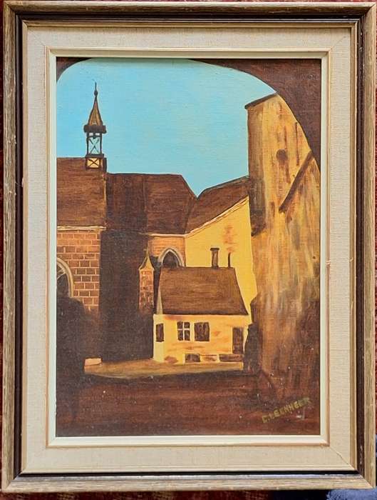 Framed Oil on Board of Buildings by C Leenheer
