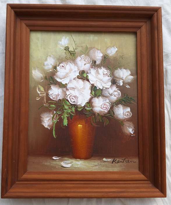 Framed Oil on Board of Vase of White Roses by Kantian