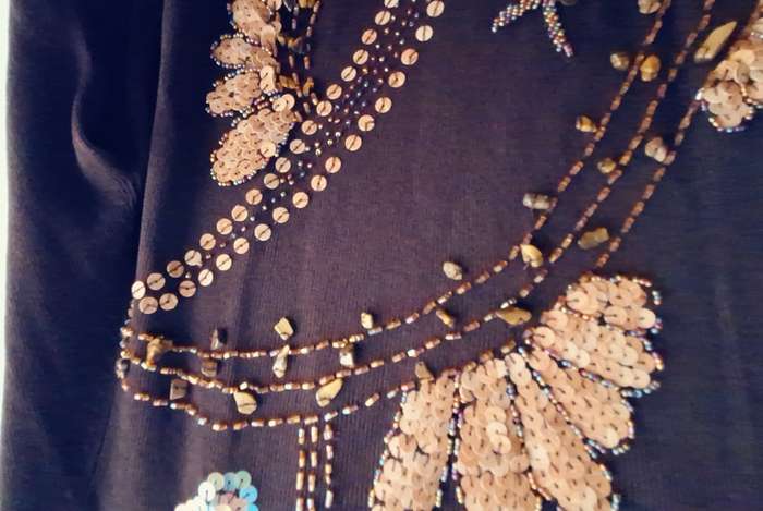 RJ Collection Ladies Dark Brown Long Sleeve Top with sequins, beads and tiger eye