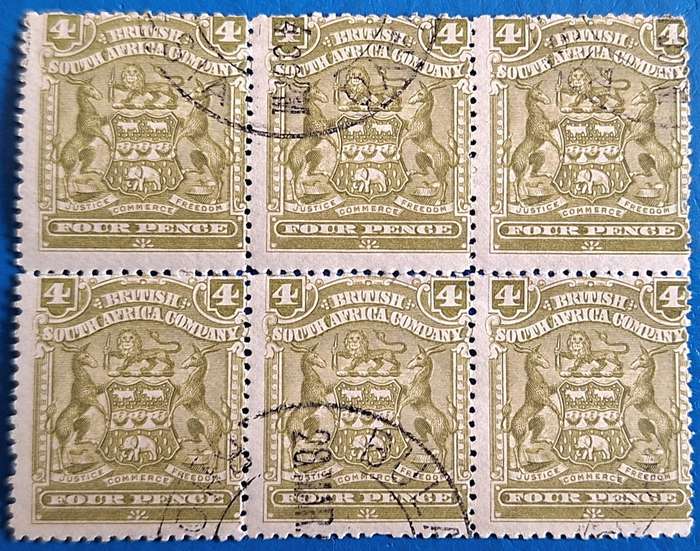 British South Africa Company 1898-1908 Defin Issue Block of 6 Used Olive 4d stamps