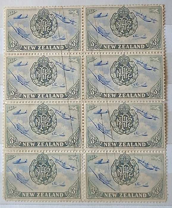 New Zealand 1946 Peace Issue 3d Block of 8 Used Hinged stamps