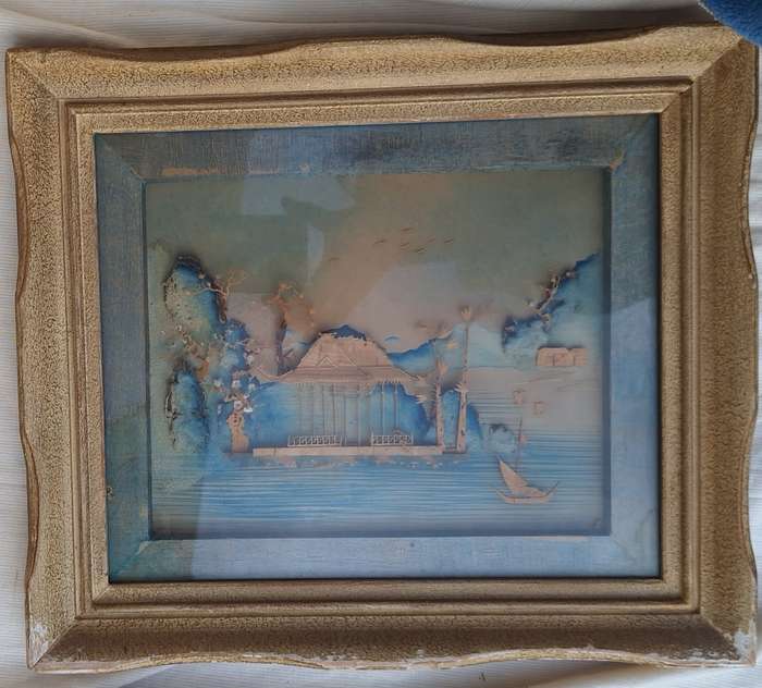 Vintage Framed Hand Carved 3D Asian Pagoda and Landscape