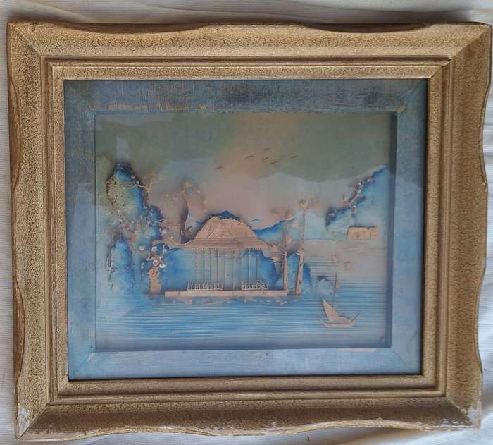 Vintage Framed Hand Carved 3D Asian Pagoda and Landscape