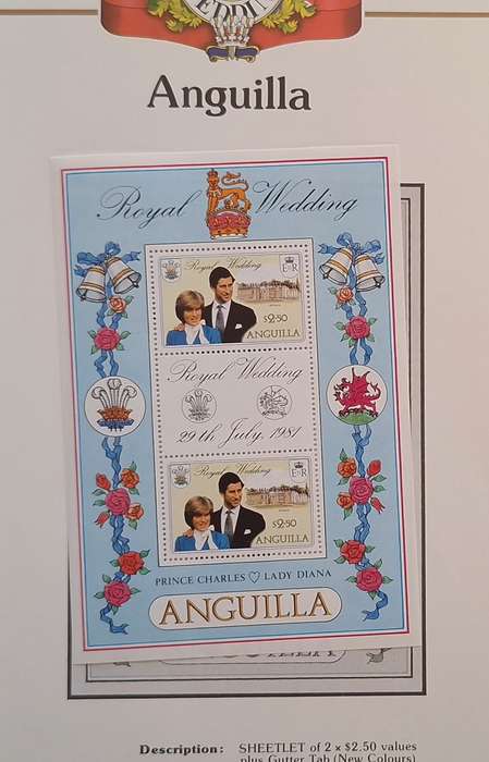 Official Royal Wedding 1981 Album Page ANGUILLA with Mint Sheetlet of 2 x $2.50 stamps