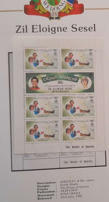 Official Royal Wedding 1981 Album Page ZIL ELOIGNE SESEL with Mint Sheetlet of 6 x 40c stamps