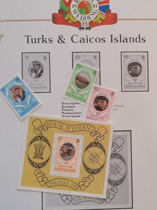 Official Royal Wedding 1981 Album Page TURKS & CAICOS ISLANDS with Mint Souvenir Sheet and 3  stamps