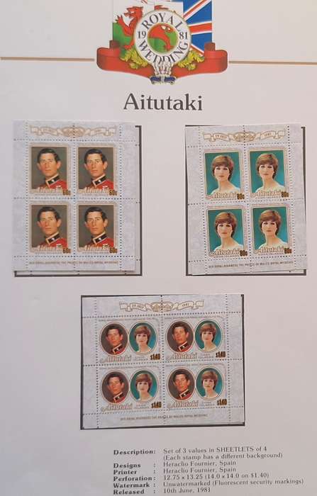 Official Royal Wedding 1981 Album Page AITUTAKI with 3 Mint Sheetlets of 4 stamps