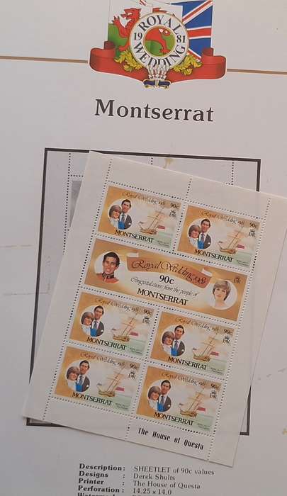 Official Royal Wedding 1981 Album Page MONTSERRAT with Mint Sheetlet of 6 x 90c stamps