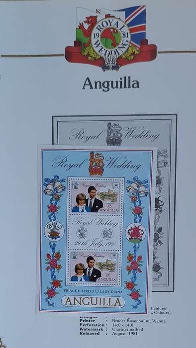 Official Royal Wedding 1981 Album Page ANGUILLA with Mint Sheetlet of 2 x $3 plus gutter tab stamps