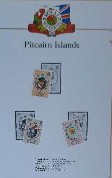 Official Royal Wedding 1981 Album Page PITCAIRN ISLANDS with Set of 3 values Mint stamps
