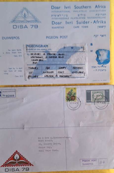 South Africa Disa 79 Pigeon Post Duiwepos Registered Envelope and Pigeongram