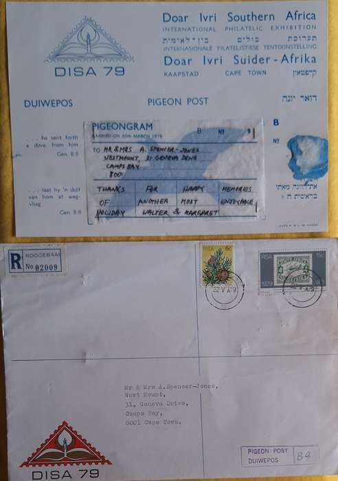 South Africa Disa 79 Pigeon Post Duiwepos Registered Envelope and Pigeongram