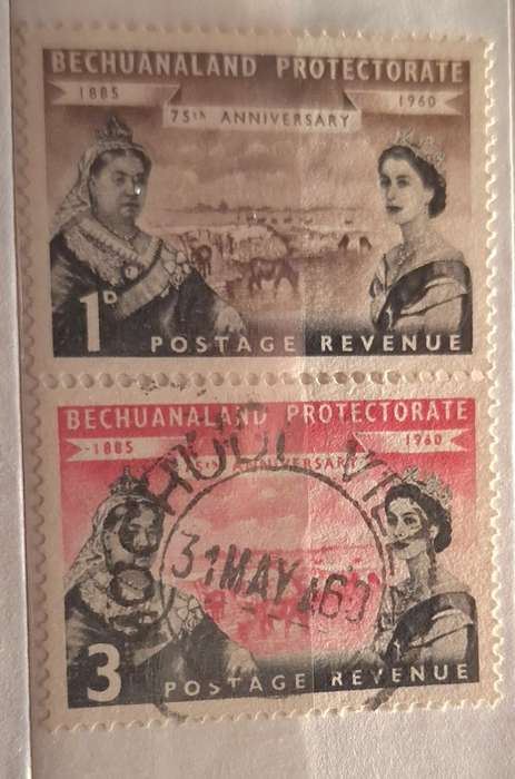 Bechuanaland Protectorate 1960 75th Anniversary 1 Unused and 1 Used both hinged stamps