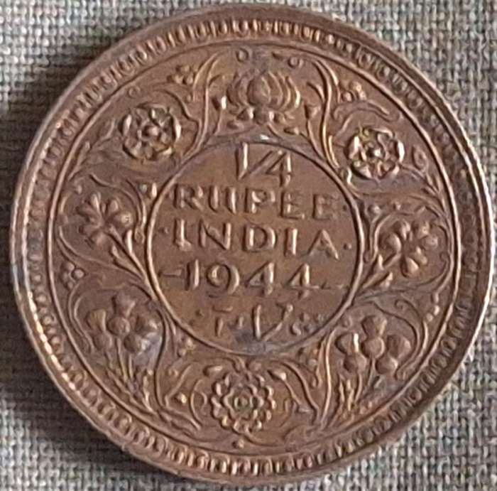 INDIA 1944 B George VI 1/4 Rupee Silver