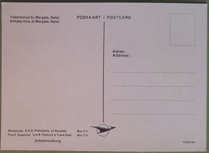 SAR Travel Bureau SAS-Reisburo Post Card of Margate, Natal