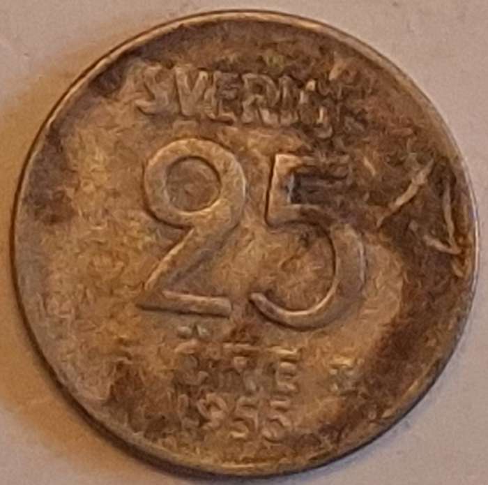 Sweden 1955 Gustaf VI Adolf 25 Ore Billon