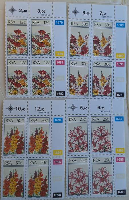 South Africa 1985 Floral Emigrants Set of 4 Mint Control Blocks