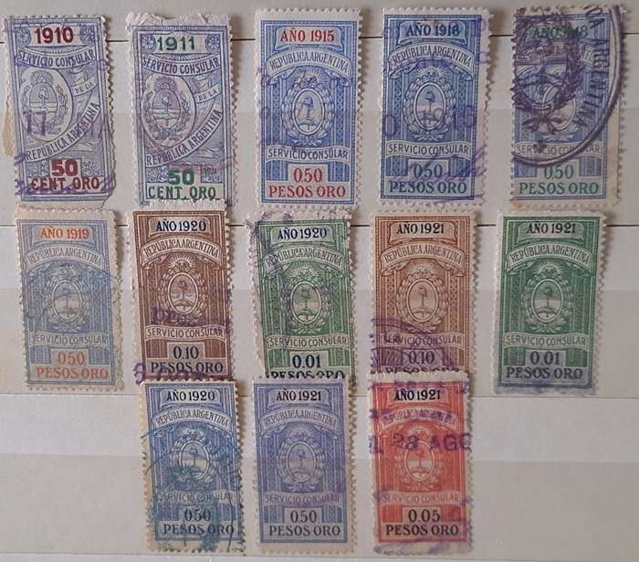 Argentina 1910-1921 Consular Service 13 Used stamps individually dated