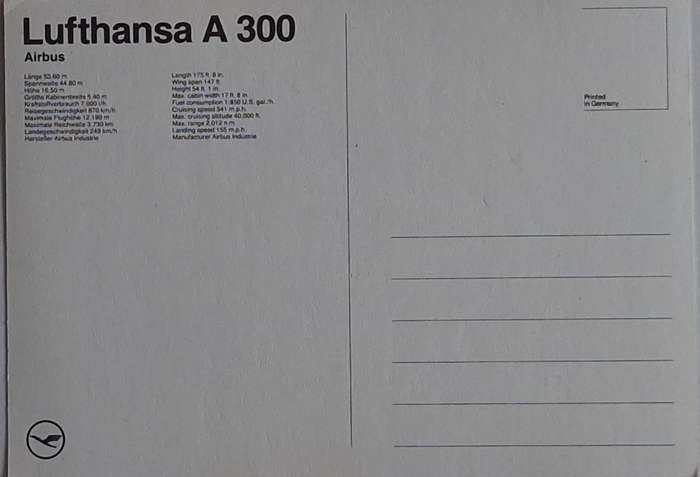 Post Card Lufthansa A 300 Airbus Printed in Germany