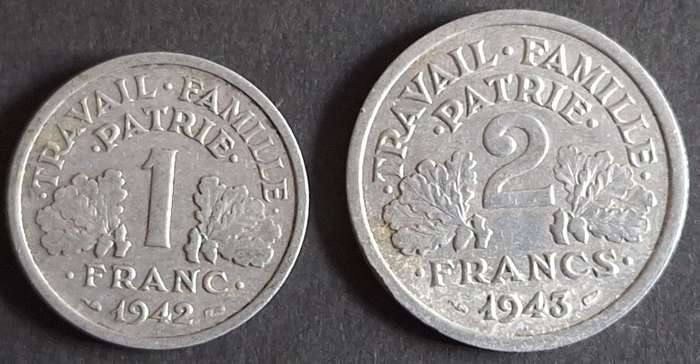 France 1942 1 Franc Aluminium-magnesium and 1943 2 Francs Aluminium-magnesium