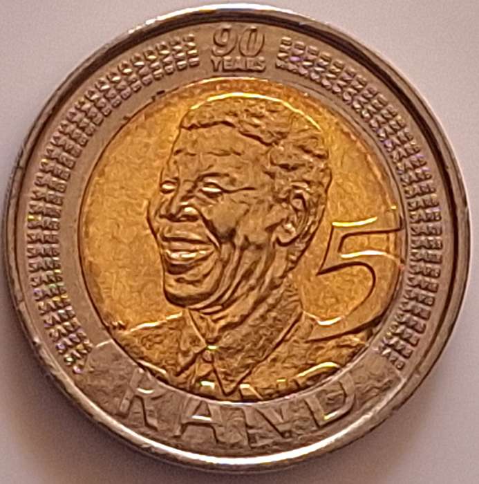 South Africa R5 Mandela Bimetallic: brass center in copper-nickel ring