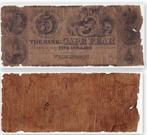 The Bank Of Cape Fear : Wilmington, North Carolina : Five Dollars : OBSOLETE NOTE (Issued 1847-1853)