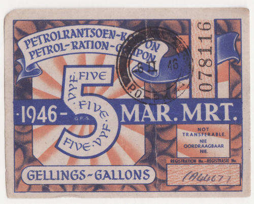 Petrol Ration Coupon -  No 078116 - 5 Gallons - March 1946 (Car Registration No CA44677)