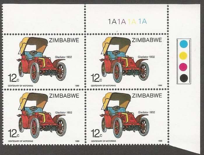 Zimbabwe 1986 The 100th Anniversary of Motoring Control Blocks 1A. CV R640.00