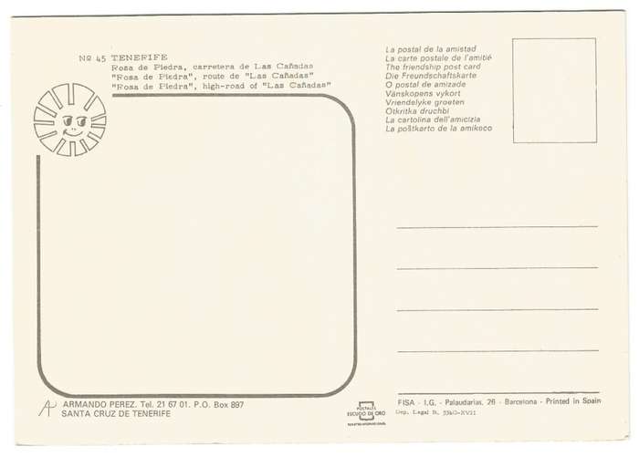 Post Card - `Rosa de Piedra`- High road of `Las Canadas`- No 45- Tenerife- Unused