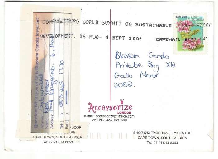 Post Card- Accessorize London- Used- Cancel- 2002- Blossom Competition