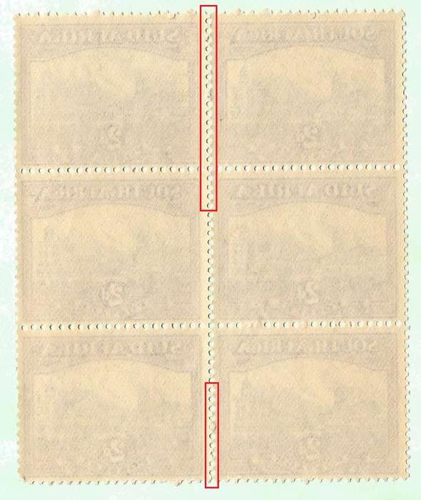 Union of South Africa SACC44/44e Block of 6, Note split perfs - MNH