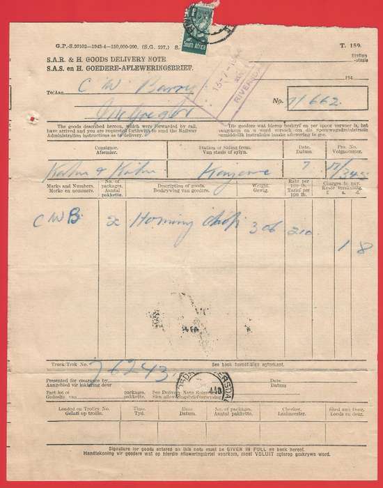 Union of SA-SA Railways and Harbours Goods Delivery Note-1944-Cancel-Postmark. Wartime paper saving