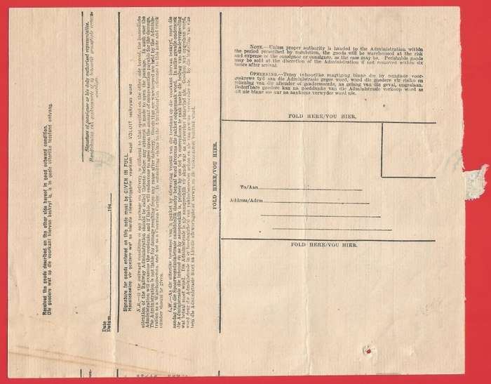 Union of SA-SA Railways and Harbours Goods Delivery Note-1944-Cancel-Postmark. Wartime paper saving
