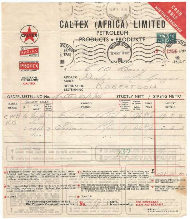 Union of SA-CALTEX AFRICA LIMITED-Cash Sale Slip-1945-Postmark