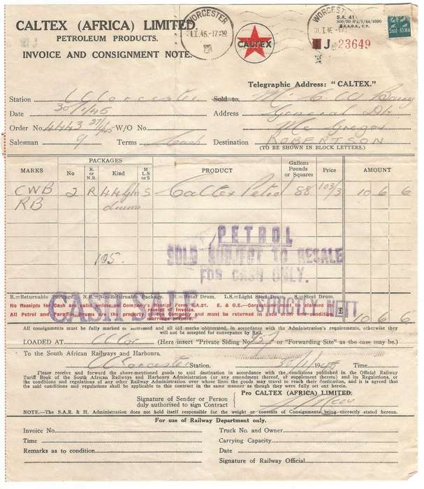 Union of SA-CALTEX AFRICA LIMITED-InvoiceandConsignment Note-1945-Postmark