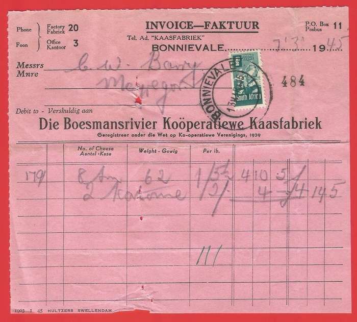 Union of SA-Die Boesmansrivier Kooperatiewe Kaasfabriek- Invoice-1945-Cancel-Postmark
