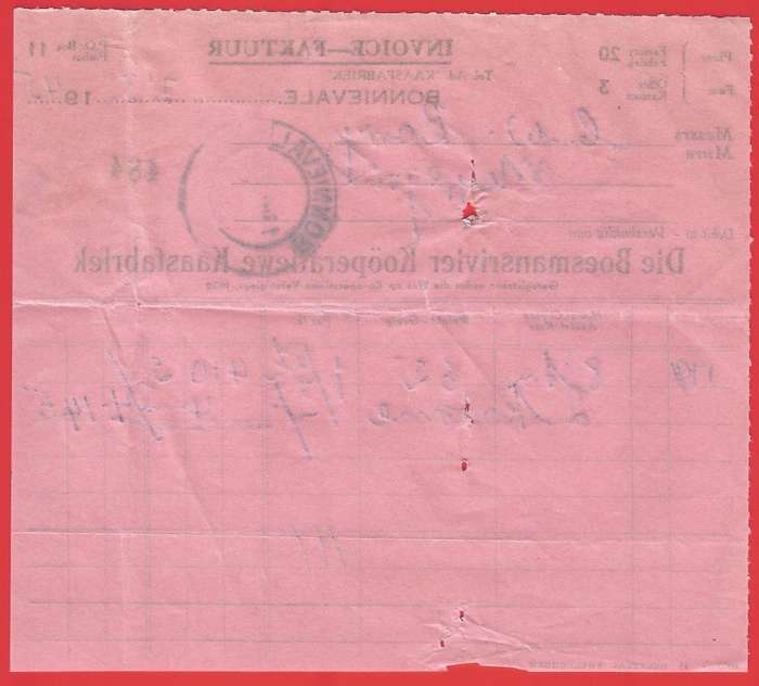 Union of SA-Die Boesmansrivier Kooperatiewe Kaasfabriek- Invoice-1945-Cancel-Postmark