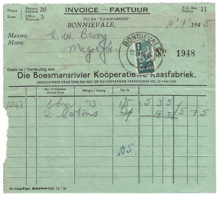 Union of SA-BONNIEVALE- Invoice-1945-Cancel-Postmark