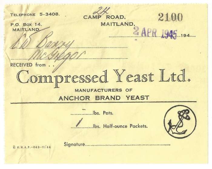 Union of SA-Compressed Yeast LTD-1945-No 2100-Receipt