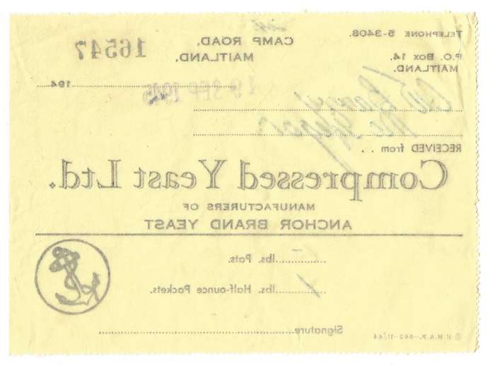 Union of SA-Compressed Yeast LTD-1945-No 16547-Receipt